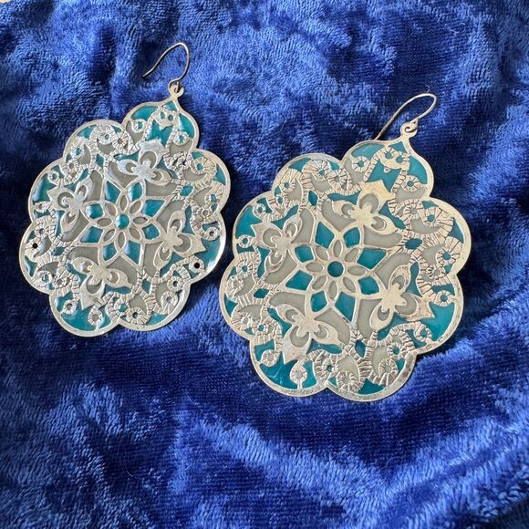 5/$25 Gold Teal Mandala Medallion Earrings - Picture 9 of 9